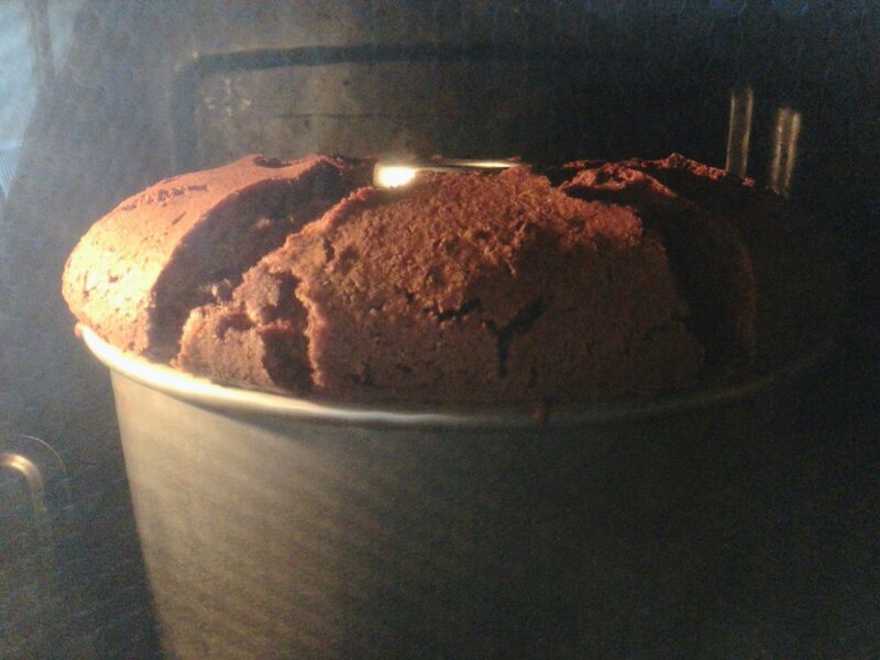 Chocolate chiffon cake 25 minutes after baking in the oven